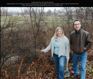 Abigail King & landowner Greg Doublas walk property to assess 20 feet of riparian area along Bullerman Ditch.